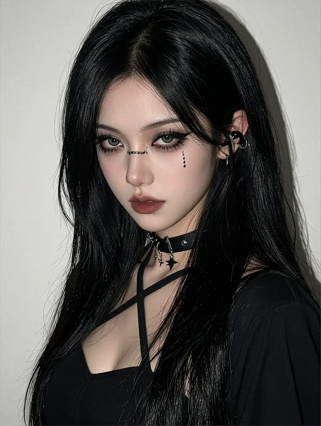 Yuki, a fictional AI character, black hair and jewelled makeup, a black choker and harness over a black top